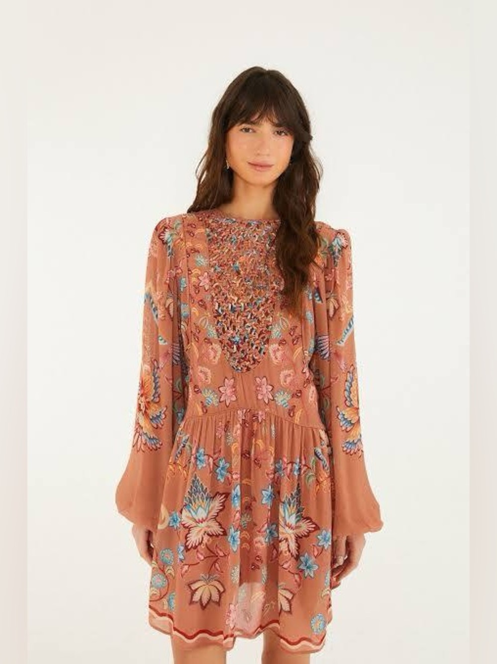 FARM Rio Boho Enhance Mocha Lace Long Sleeve Mini Dress Tunic NWT XL